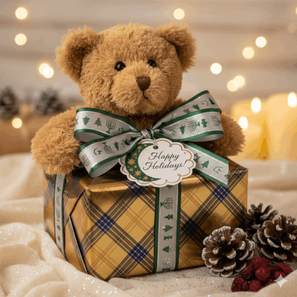 Teddy bear holding a gift.
